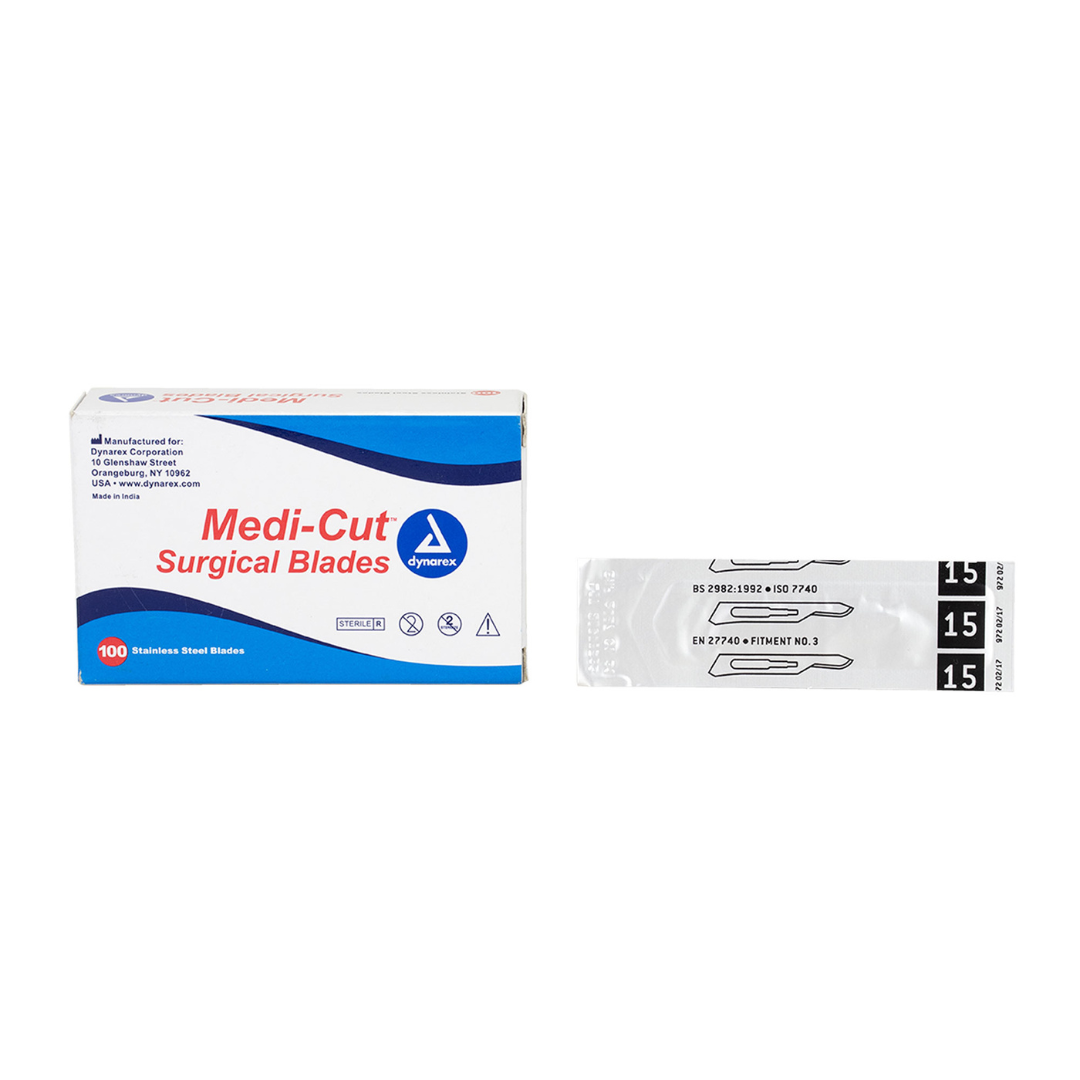 A box of Dynarex Medi-Cut Surgical Blades - Sterile in a blue, red, and white design sits beside a single wrapped blade marked with the number 15.